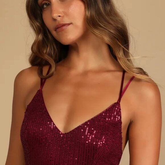 Lulus Wine Red Sequin Wide Leg Jumpsuit Size M Crisscross Open Back Sleeveless - Picture 2 of 16